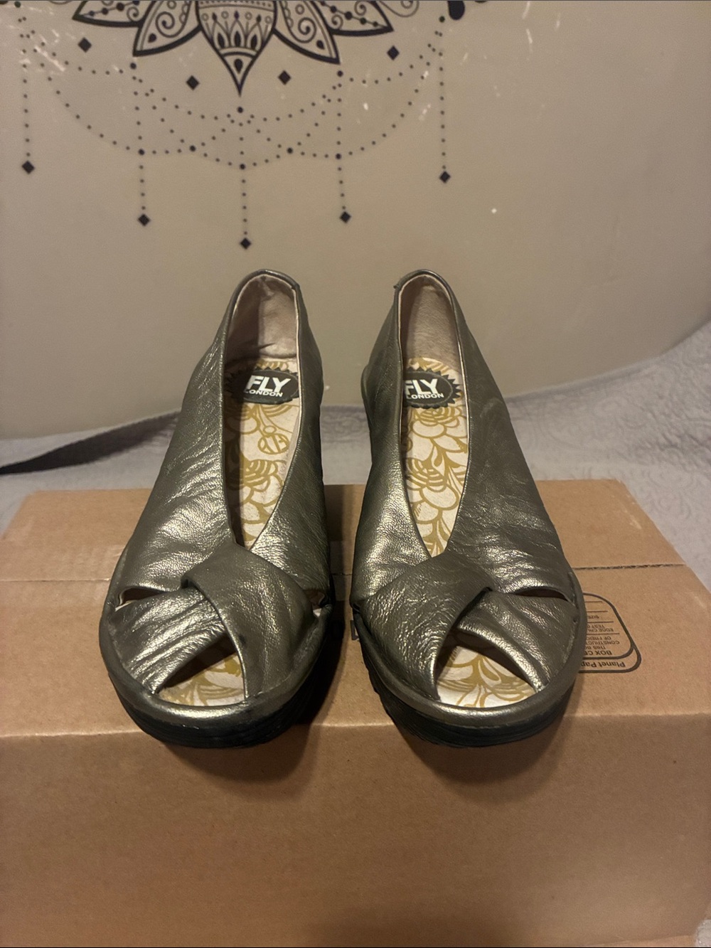 Fly London Metallic Grey Peep-Toe Wedge Sandals